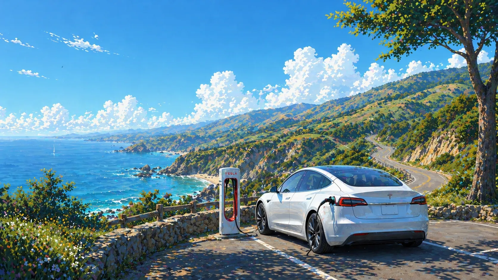 Tesla lader op ved kysten